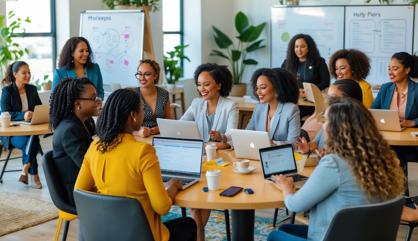 Diverse women collaborating and networking together in a bright, modern coworking space.