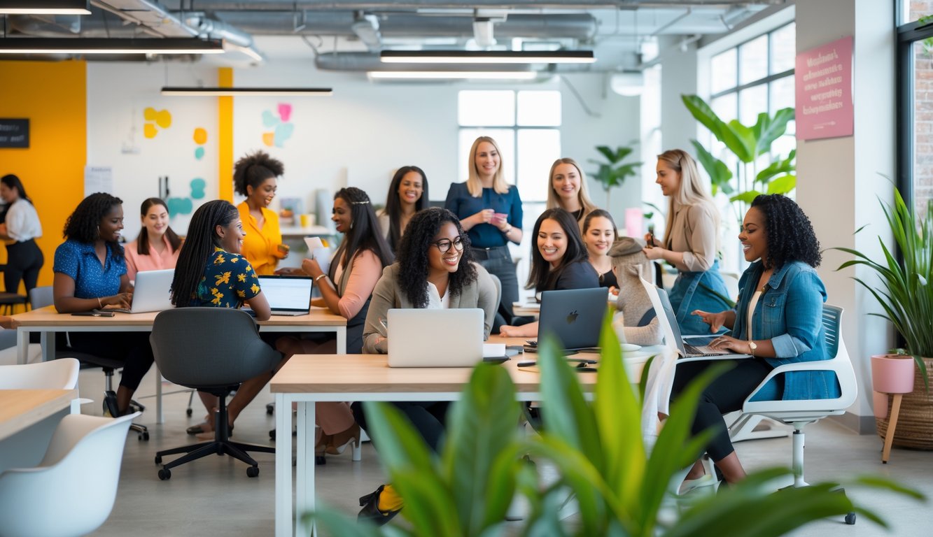 Diverse women working and collaborating together in a bright, modern coworking space with natural light and plants.