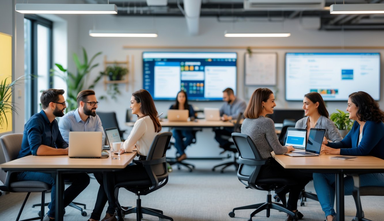 A diverse group of men and women working together in a bright coworking space using laptops and digital devices.