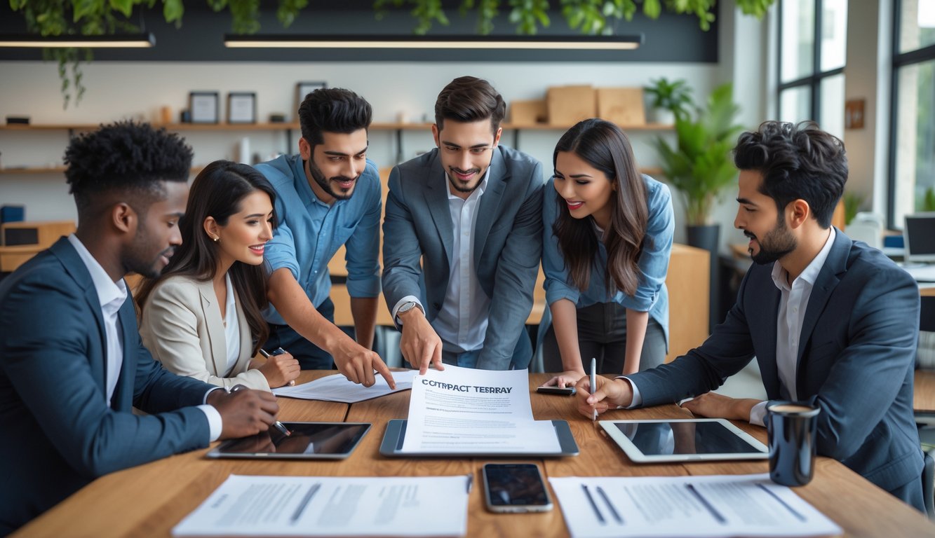 People working together around a table in a bright coworking space, reviewing documents and using laptops.