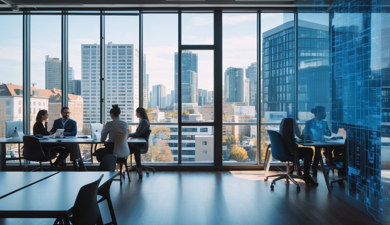A modern coworking office with people working at desks and large windows showing a cityscape with mixed-use buildings.