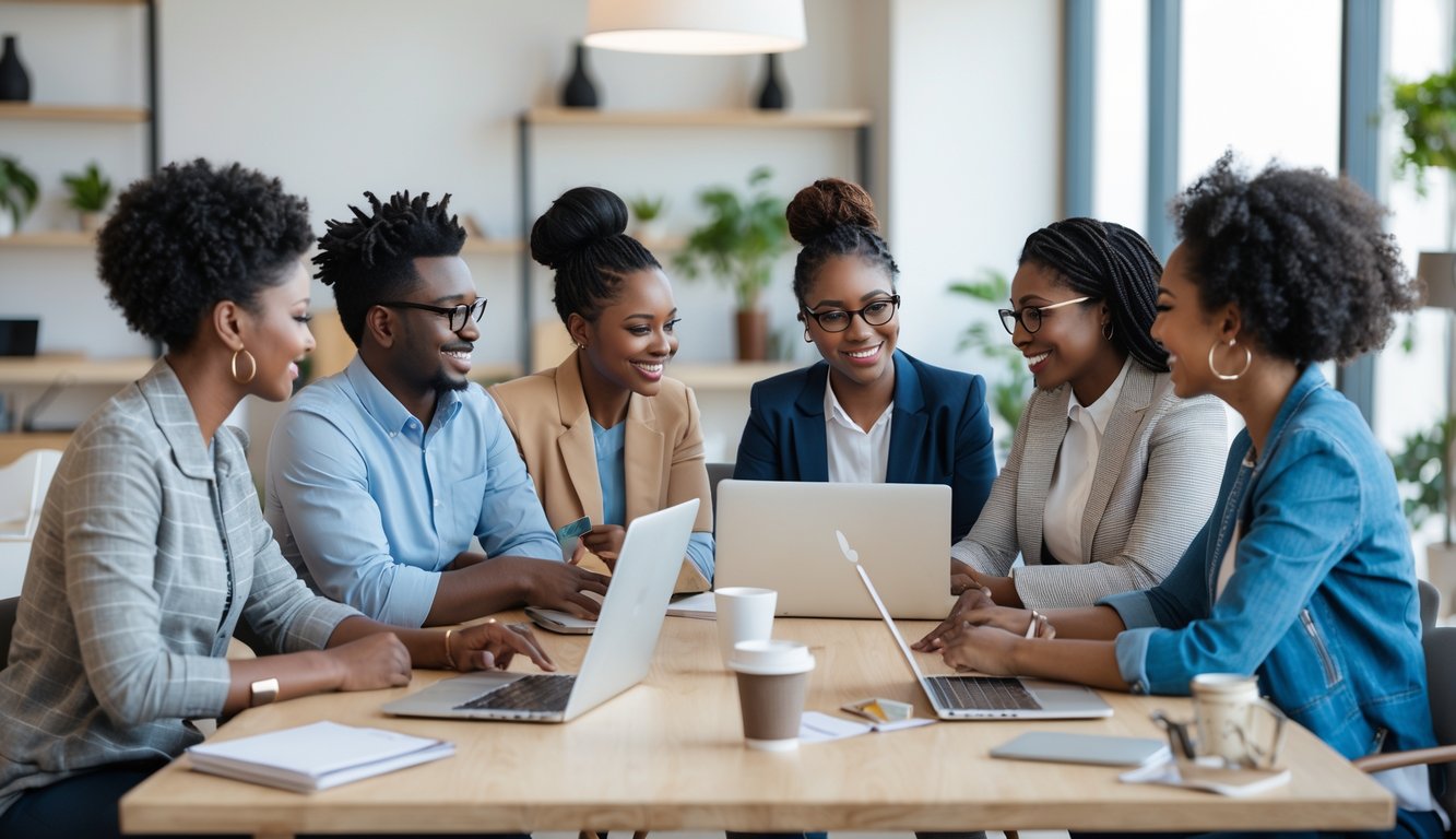 A diverse group of men and women working together around a table in a bright, modern coworking space.