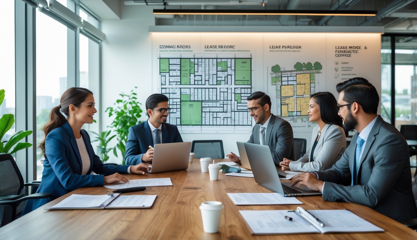 A group of professionals working together around a table in a bright coworking space with laptops, documents, and zoning maps in the background.