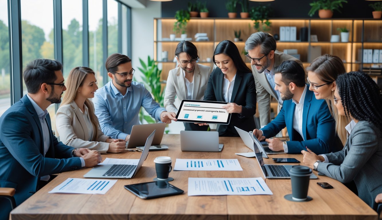 A group of business professionals working together around a table with laptops, tablets, and contract papers in a bright coworking space.