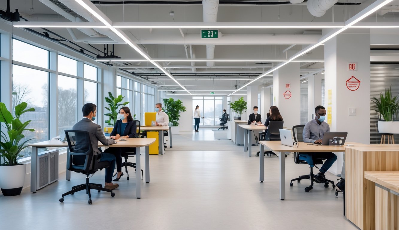 A modern coworking space with spacious desks, wide pathways for wheelchair access, safety equipment, and diverse people working together.