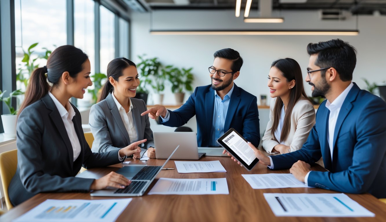 Three business professionals sitting around a table in a coworking space reviewing documents and digital devices together.