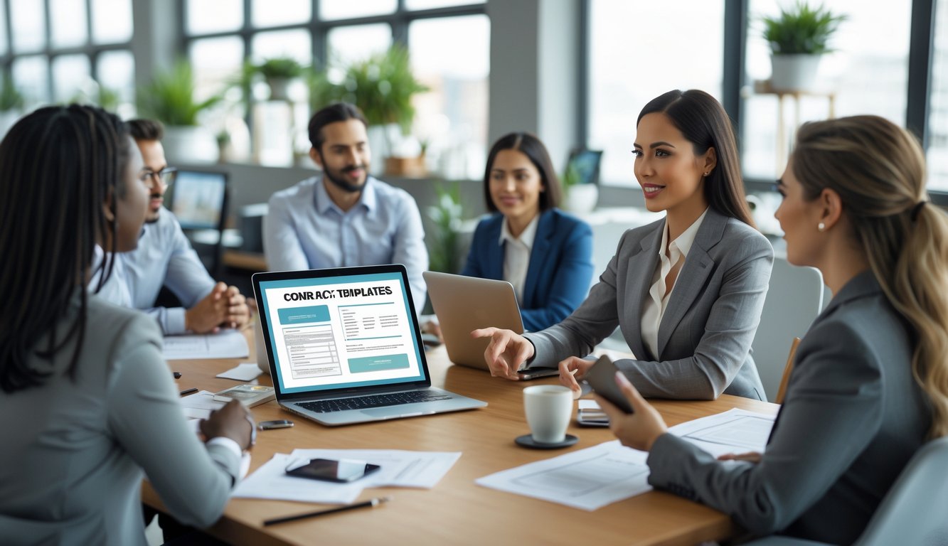 A group of professionals discussing contract templates in a bright coworking space with laptops and documents on a wooden table.