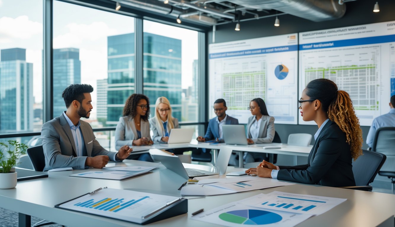 People working and discussing in a modern coworking space with documents and city plans visible in the background.