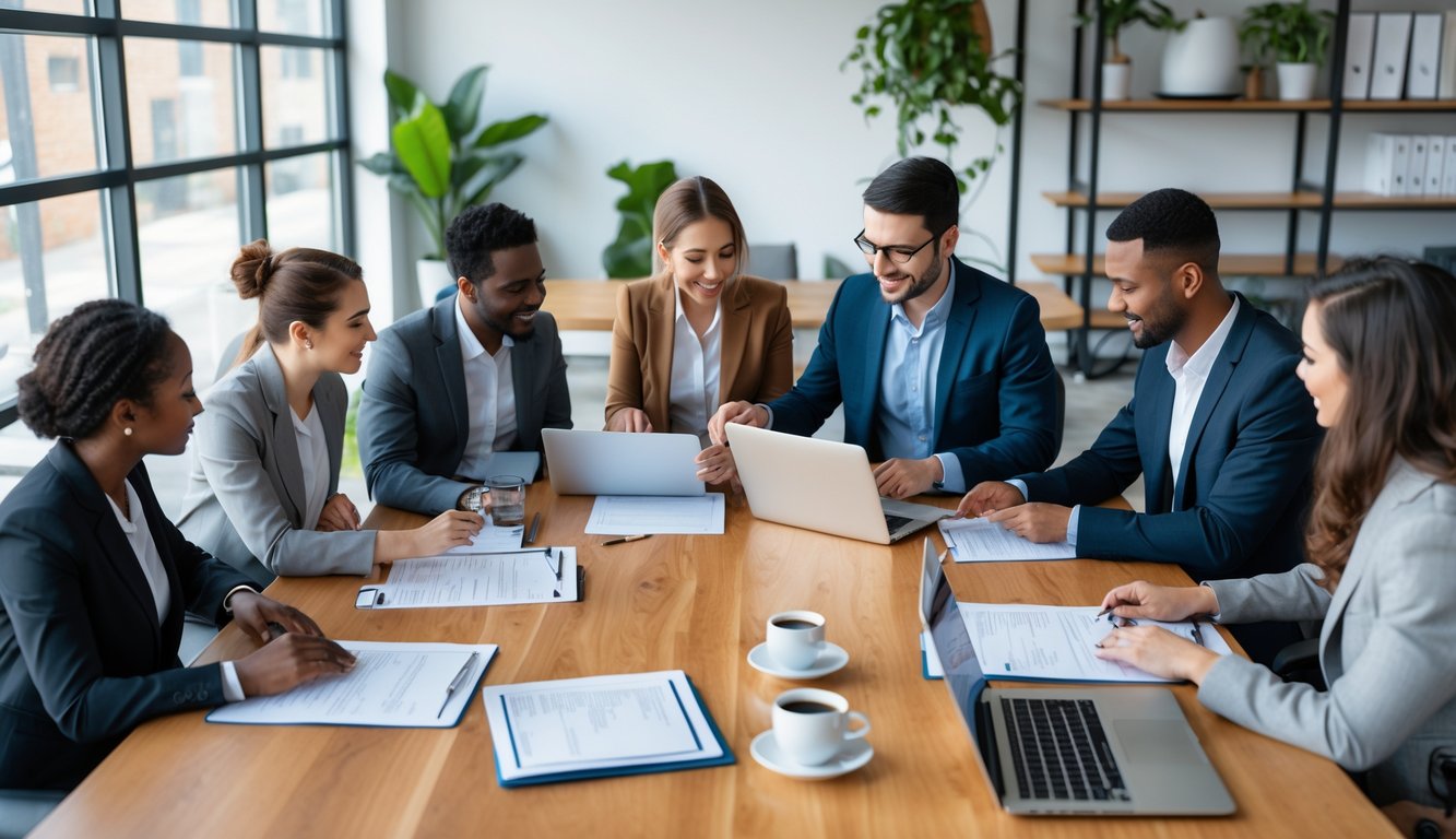 A group of professionals collaborating around a table in a bright coworking space, reviewing documents and working on laptops.