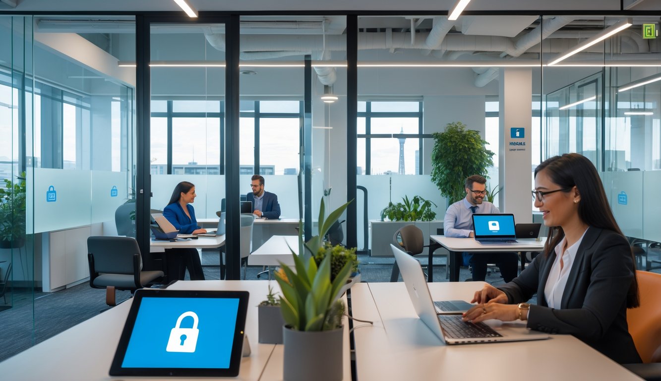 A modern coworking space with people working at desks and private offices, featuring laptops and clear partitions.