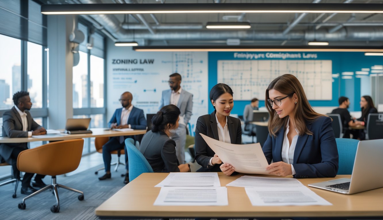 A group of professionals working and discussing in a modern coworking space with documents and maps related to labor and zoning laws.