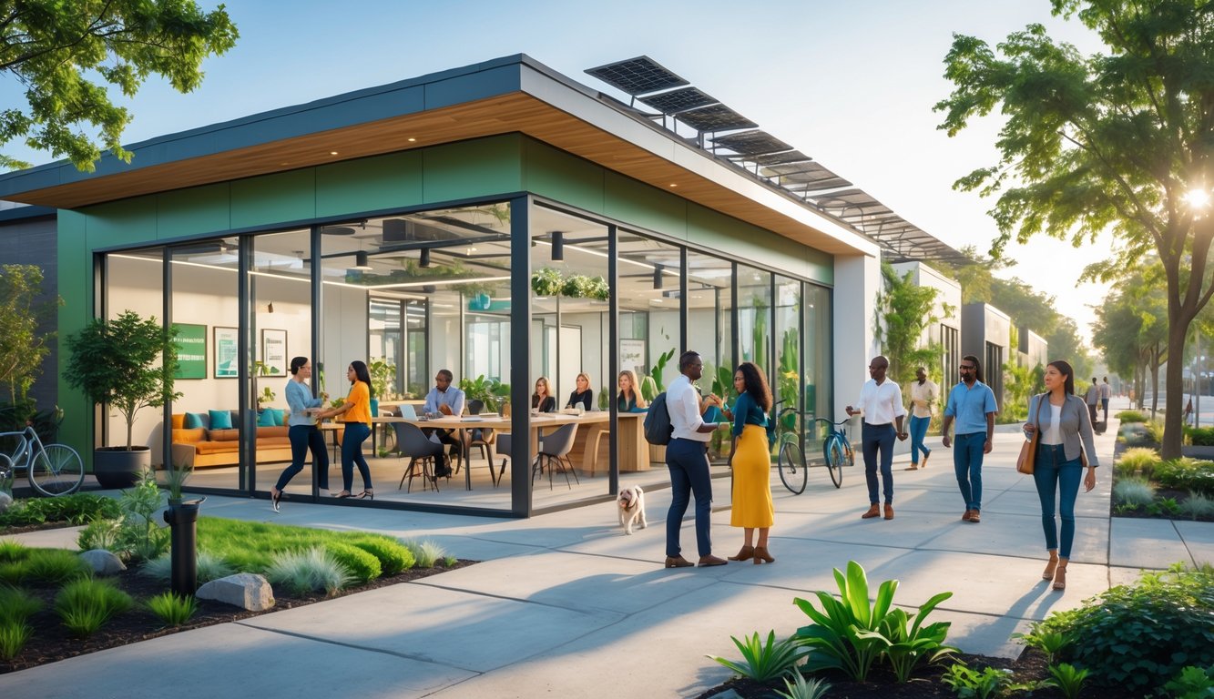 A modern coworking space building with people working inside, surrounded by green spaces, bike lanes, solar panels, and community members outdoors in a clean urban neighborhood.