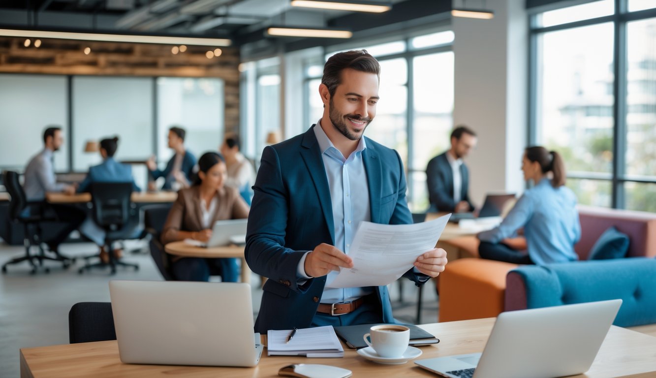 A coworking space owner discusses documents with an insurance agent while people work and collaborate in the background.
