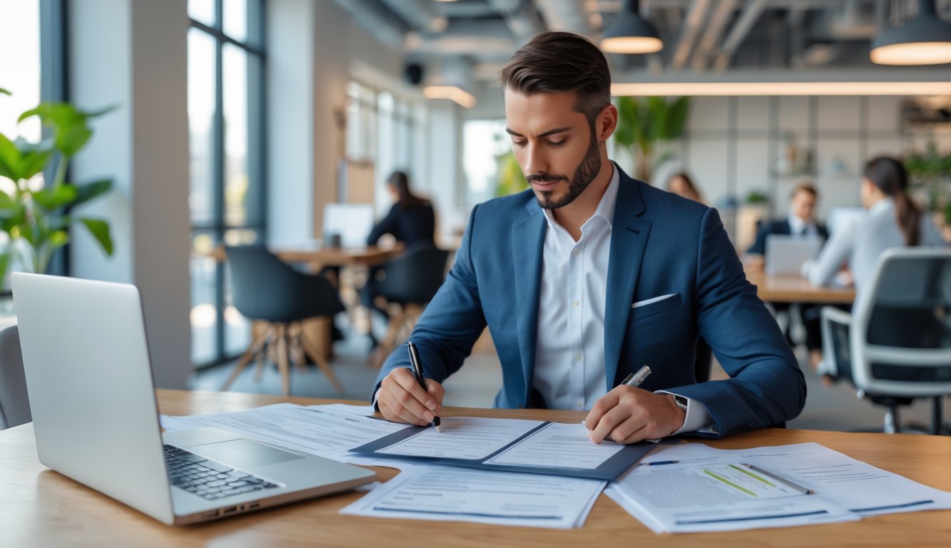 A business person reviewing lease documents at a desk in a modern coworking space with people working in the background.