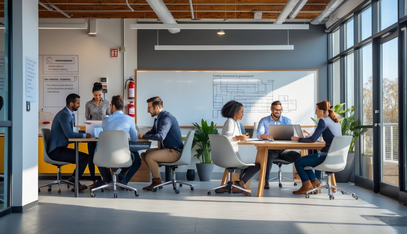 A modern coworking space with people working on laptops and collaborating around a table in a well-lit office environment.