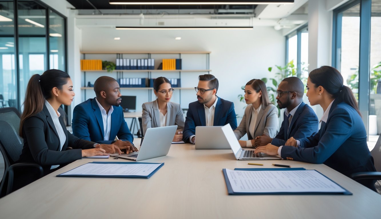 A group of professionals discussing lease agreements around a conference table in a modern coworking office.
