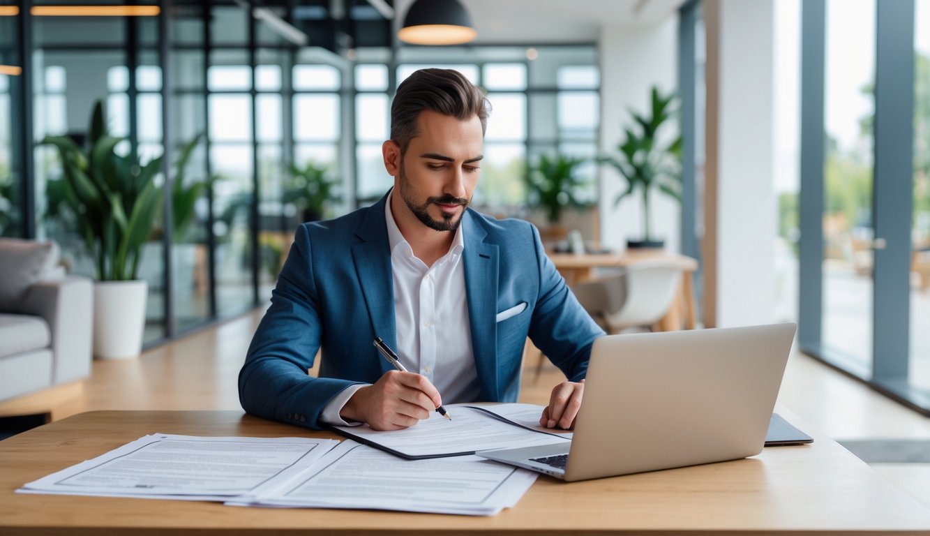 A person at a desk reviewing lease documents in a modern coworking space with natural light and plants.