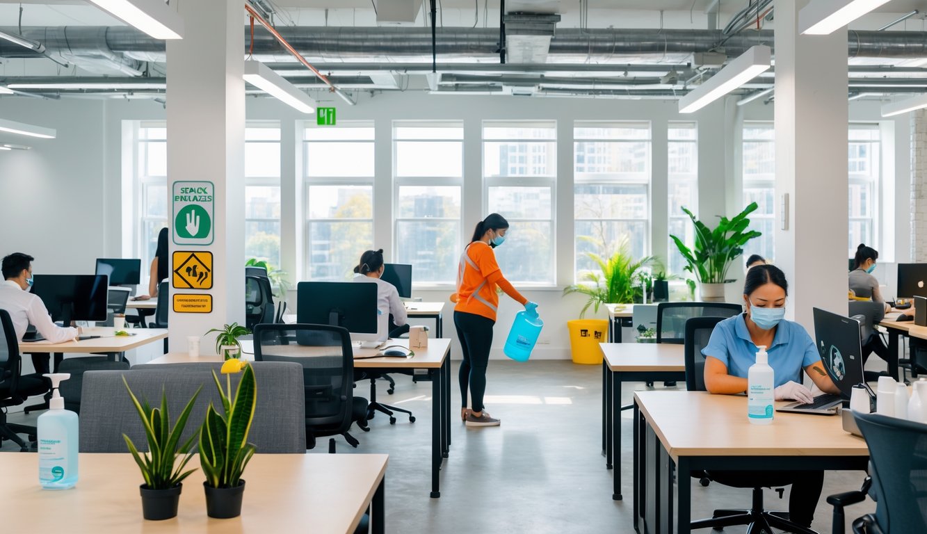 People working in a clean coworking space with spaced desks, hand sanitizer stations, and a staff member cleaning surfaces.