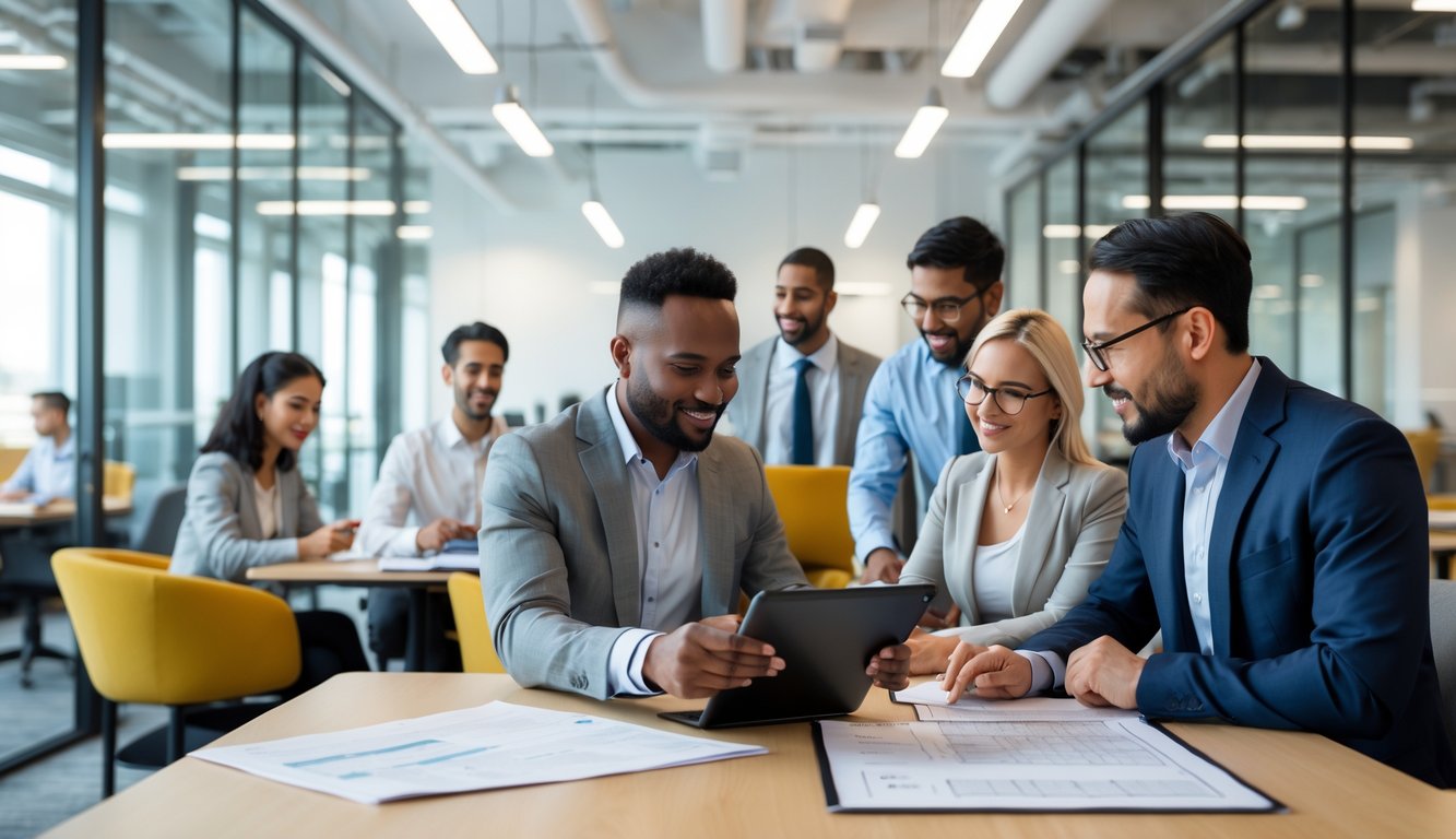 A group of professionals in a modern coworking space reviewing documents and working together around open workstations.