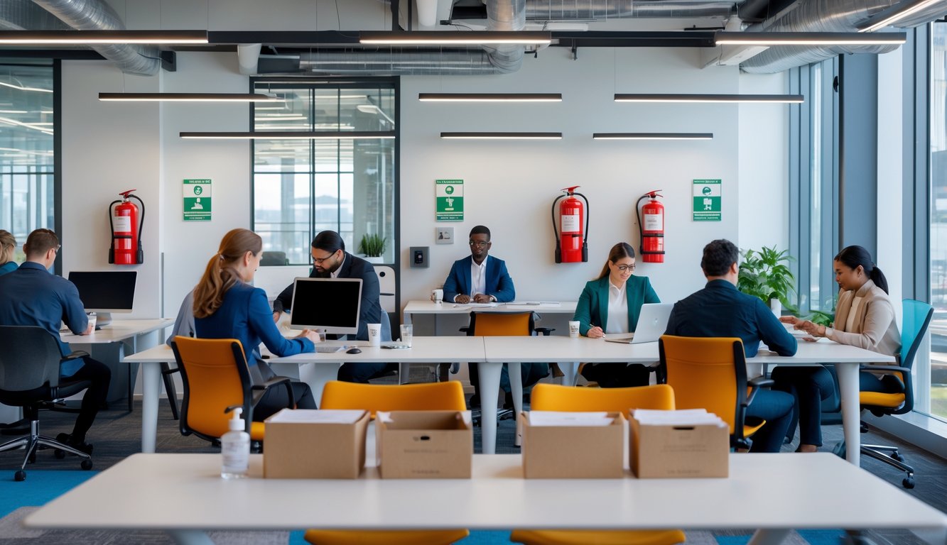 A modern coworking space with people working at desks and visible health and safety features like fire extinguishers, exit signs, and spaced seating.