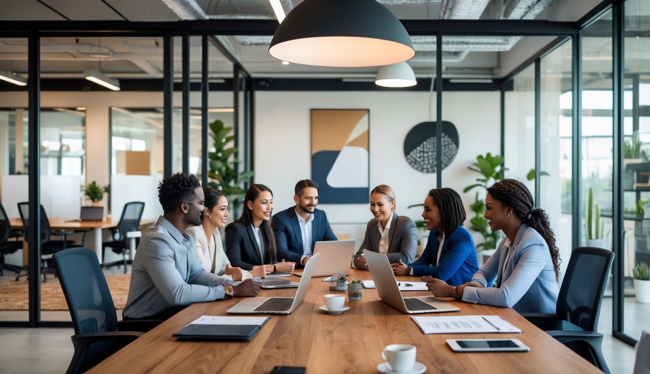 A group of business professionals having a meeting around a table in a bright, modern coworking space.