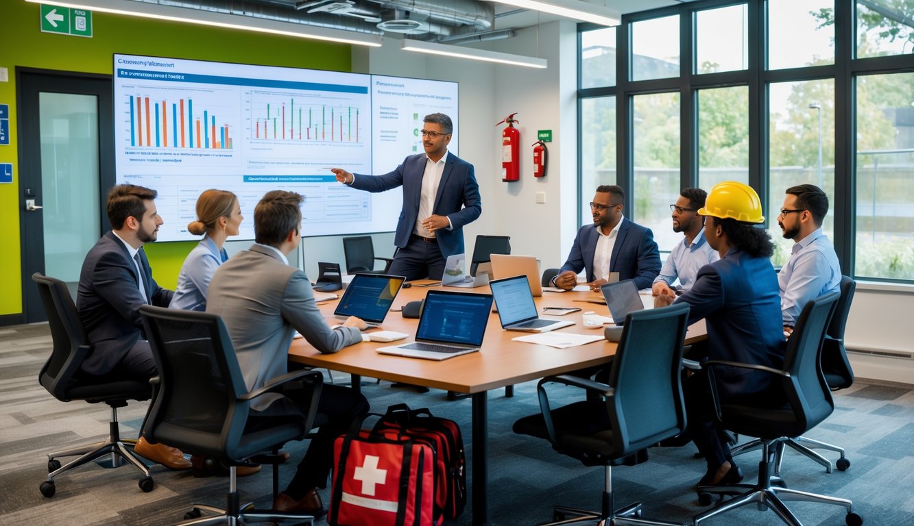 A group of professionals having a meeting in a bright coworking space with safety equipment and emergency signage visible.
