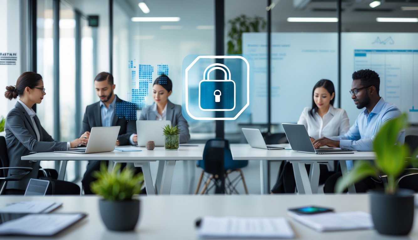 People working in a modern coworking space with laptops and tablets, surrounded by glass walls and office furniture.