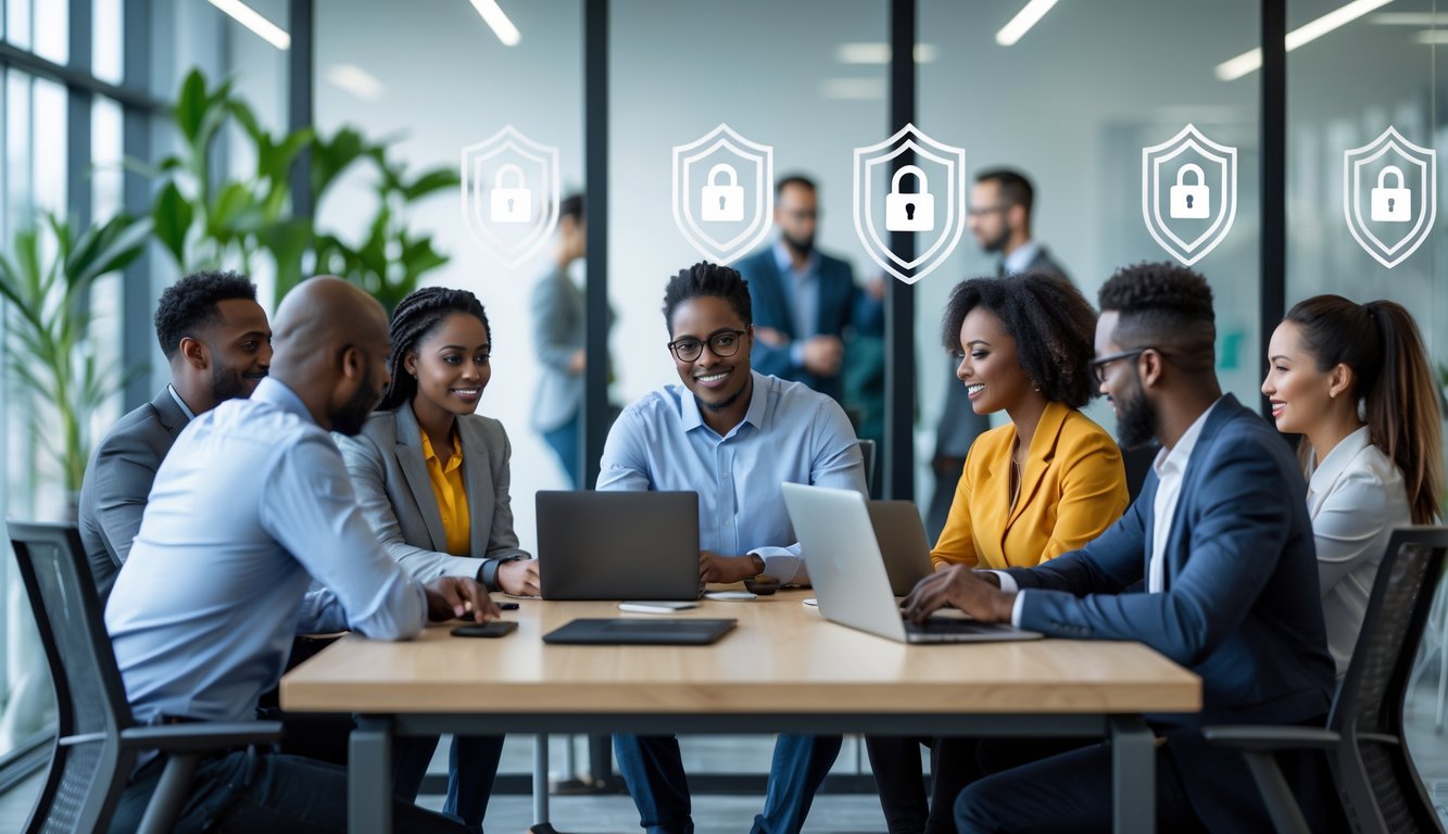 A group of professionals working together in a modern coworking space with laptops and digital devices, surrounded by glass walls with security symbols.