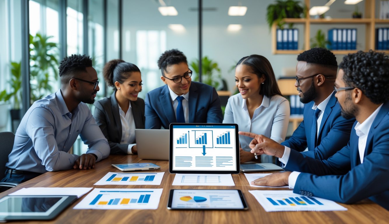 A group of professionals collaborating around a table in a modern coworking office, reviewing documents and digital devices related to legal agreements and intellectual property protection.
