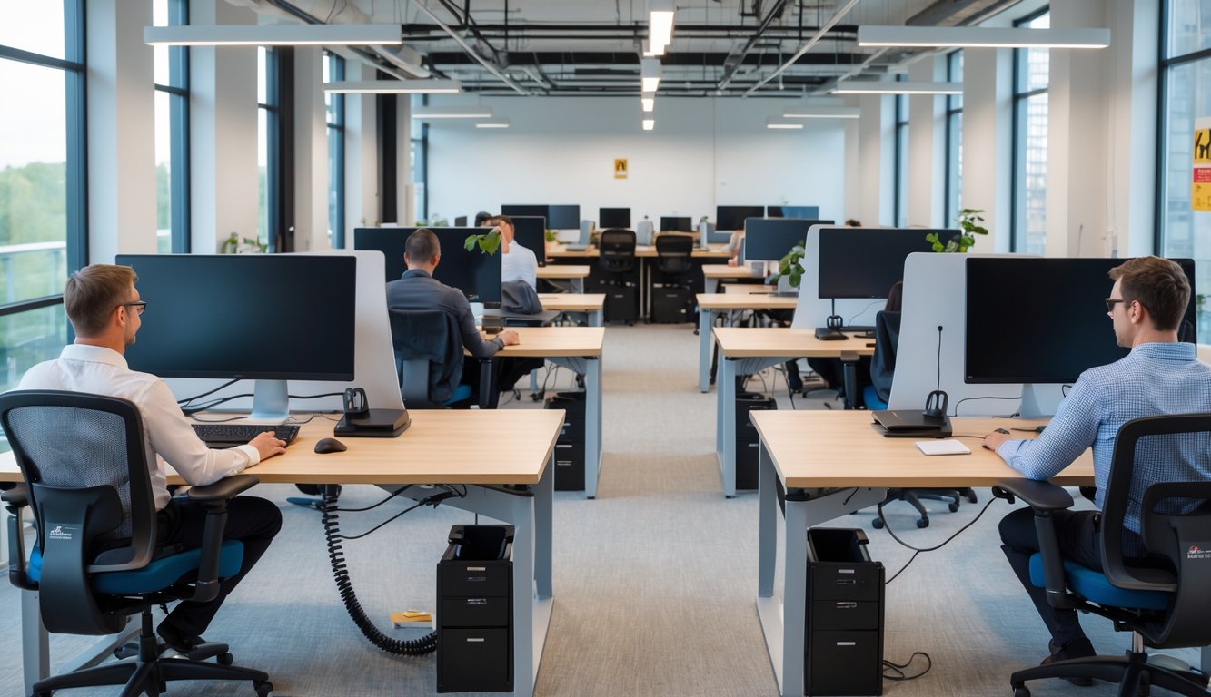 A modern coworking space with ergonomic workstations, adjustable chairs, sit-stand desks, and people working comfortably in a bright, organized environment.