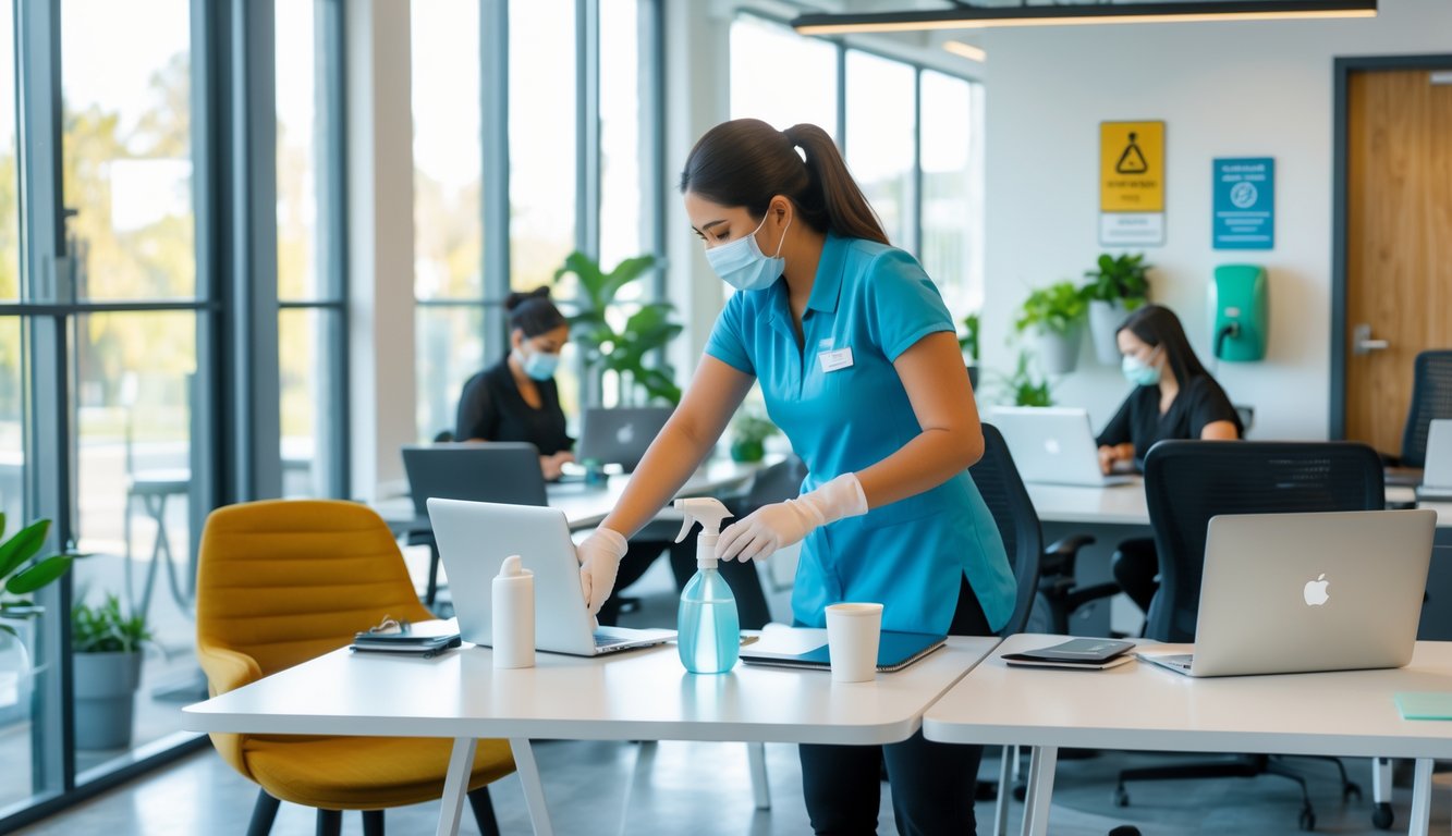 People working in a clean coworking space while a cleaner sanitizes a desk, with hand sanitizer dispensers visible on the walls.
