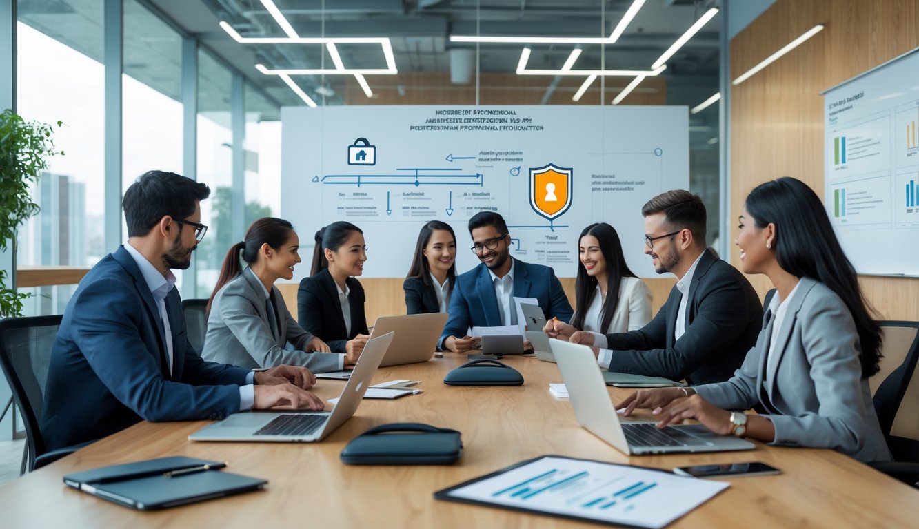 Business professionals working together in a modern coworking space with laptops and documents, surrounded by symbols representing risk management and intellectual property protection.