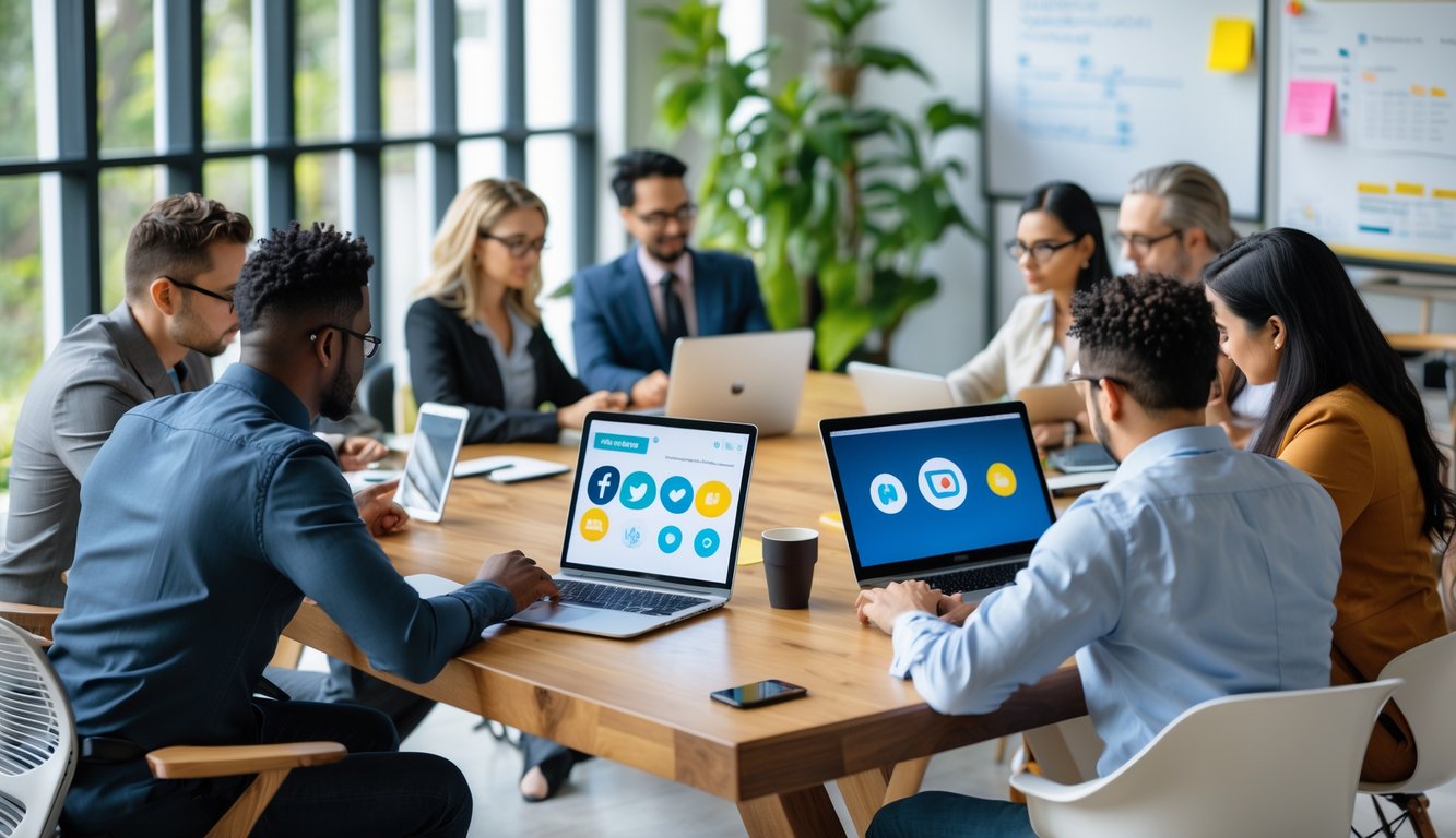 People working together in a modern coworking space using digital devices and collaborating around a table.