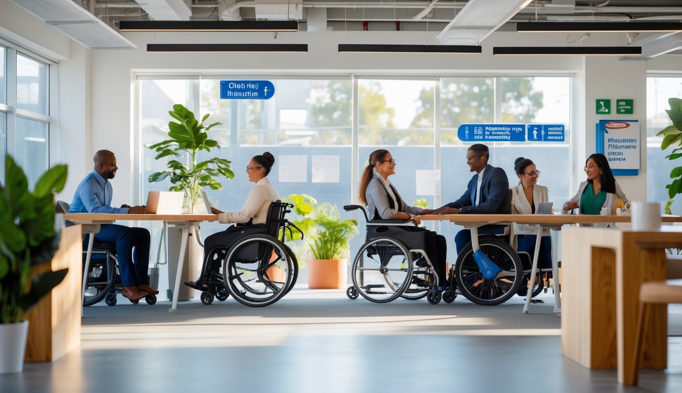 A diverse group of people working together in a bright coworking space with accessibility features and health safety measures.