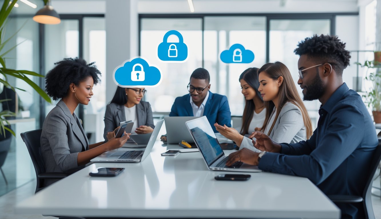 People working and collaborating in a modern coworking space with laptops and documents.