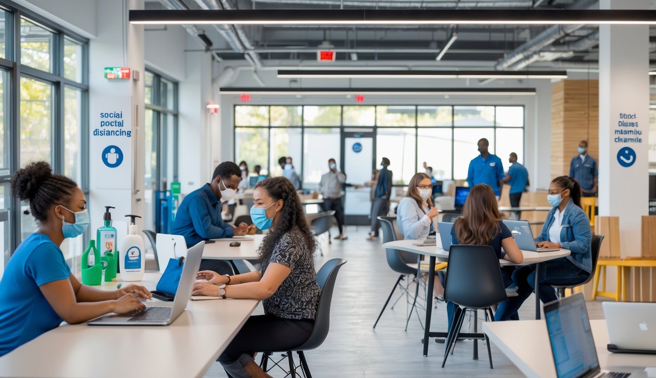 People working and collaborating in a spacious coworking space with safety measures like masks, hand sanitizer, and social distancing.