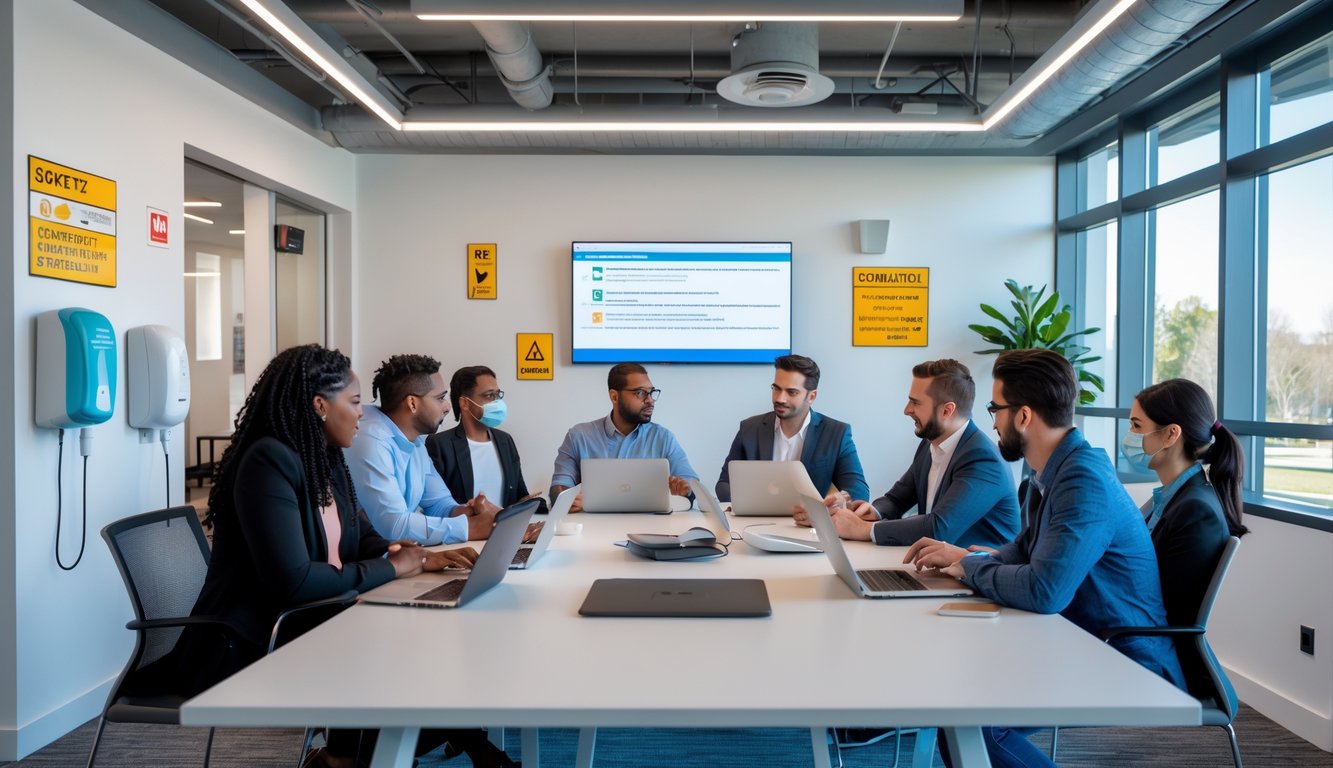 A group of coworkers in a modern office meeting around a table with safety measures like hand sanitizer and spaced seating visible.