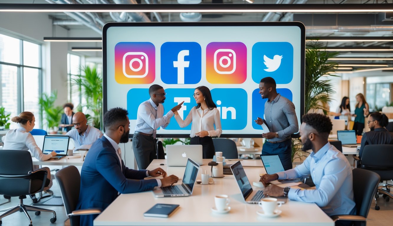 People working and discussing social media strategies in a modern coworking space with a digital screen showing social media icons.