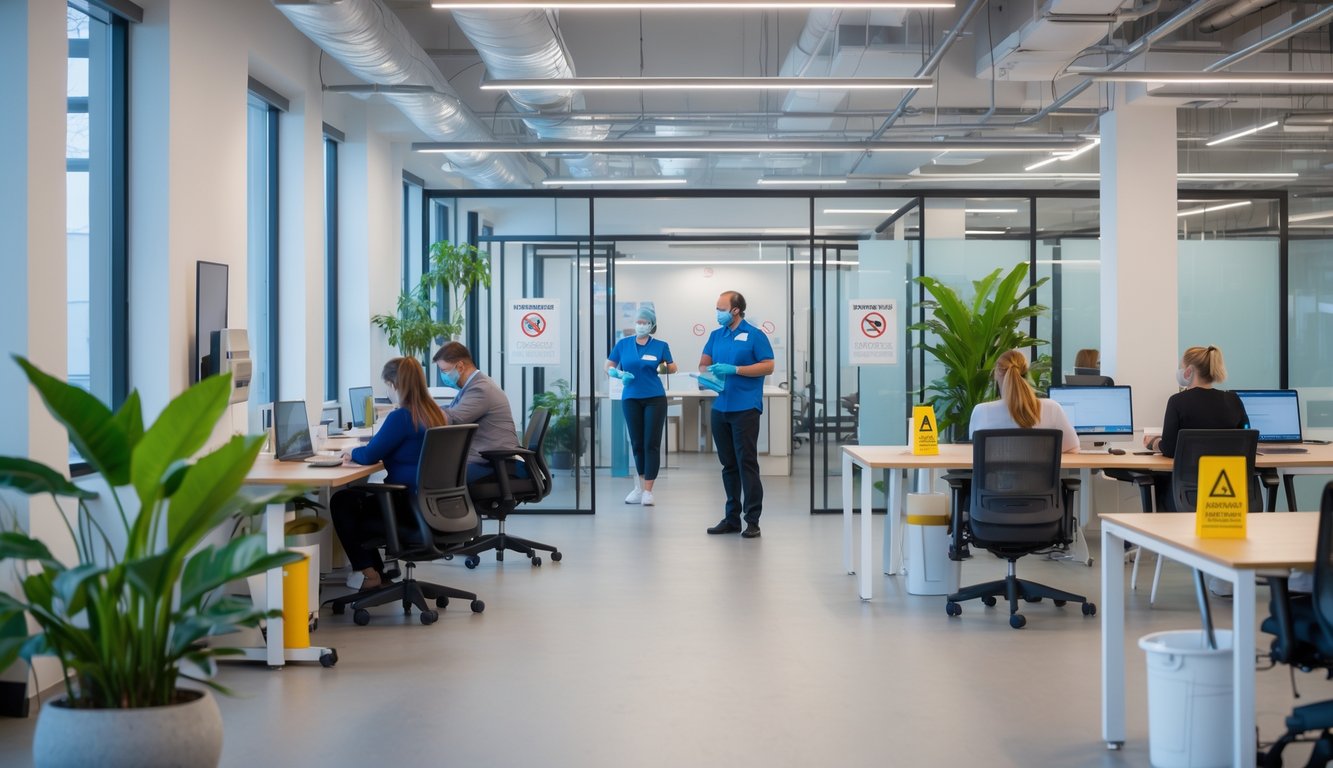 A modern coworking space with people working at spaced desks, staff cleaning, hand sanitizer stations, and bright natural lighting.