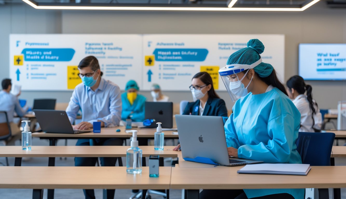 People wearing face masks working at desks in a clean coworking space with hand sanitizer stations and social distancing markers.