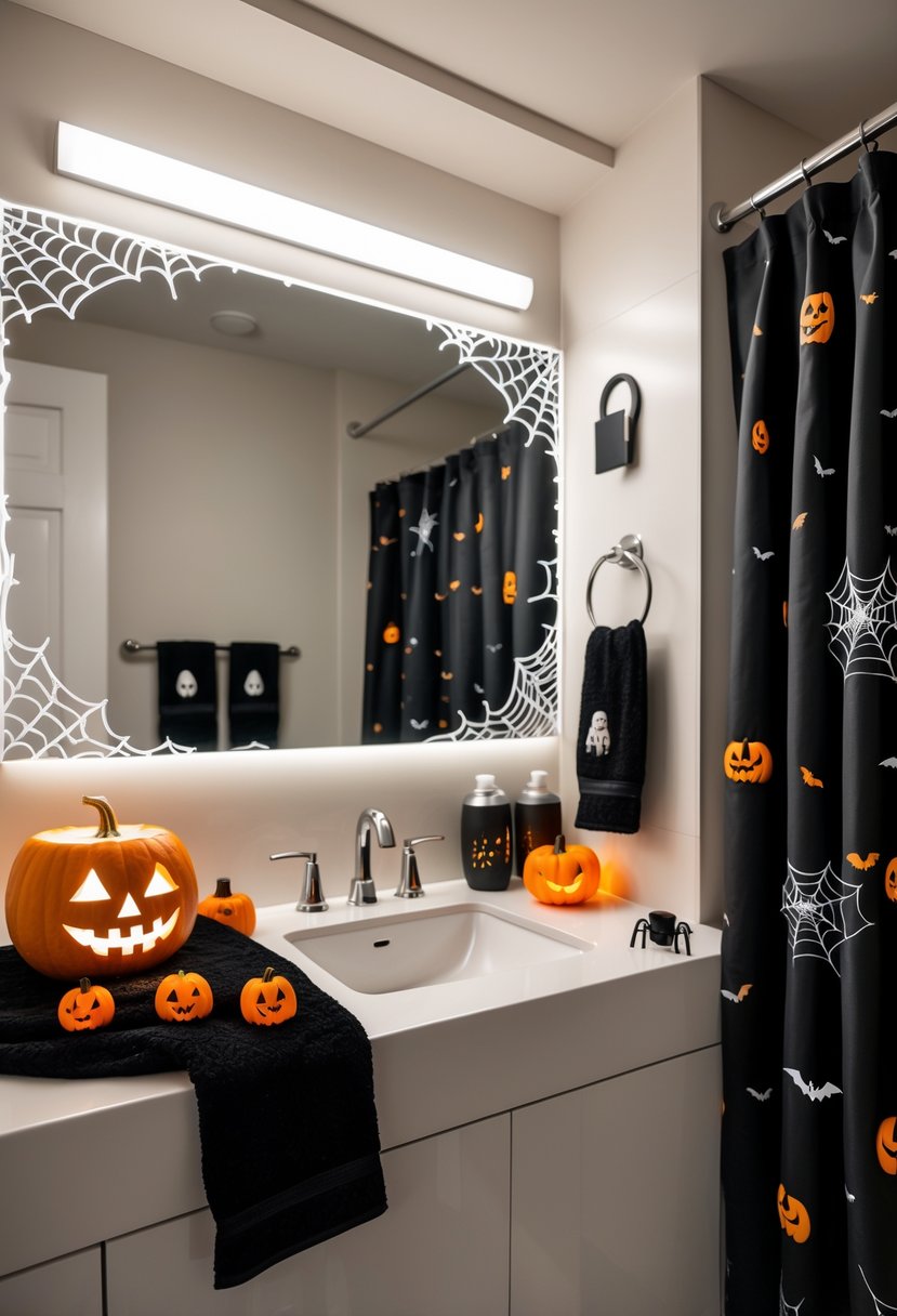 22 Halloween Bathroom Decor Ideas for a Spooky Seasonal Makeover 2 A modern bathroom decorated with Halloween items including a carved pumpkin, spiderwebs, skulls, themed towels, and a dark shower curtain with Halloween motifs.