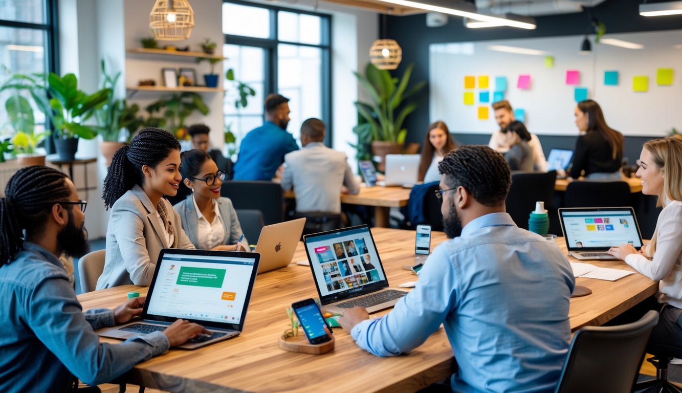 People working and collaborating in a modern coworking space with laptops, tablets, and large windows letting in natural light.