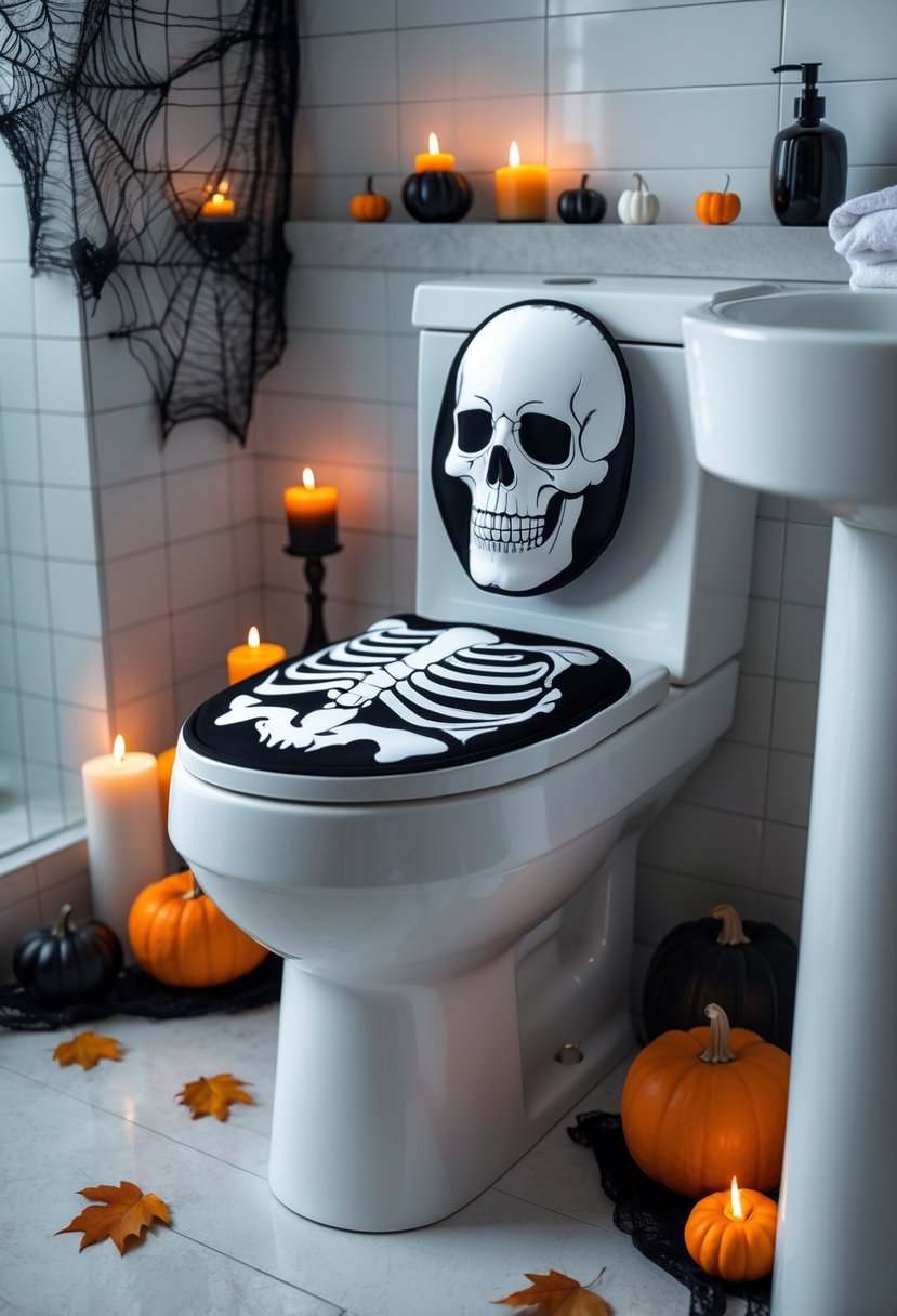 22 Halloween Bathroom Decor Ideas for a Spooky Seasonal Makeover 3 A bathroom with a skeleton-themed toilet seat cover and Halloween decorations including pumpkins, candles, and cobwebs.