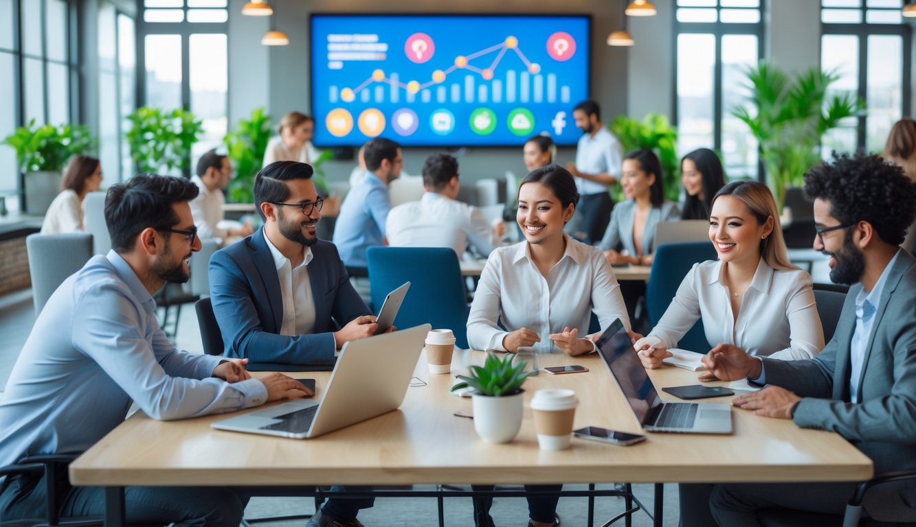 People collaborating and engaging in a bright coworking space with laptops, smartphones, and a digital screen displaying social media icons.
