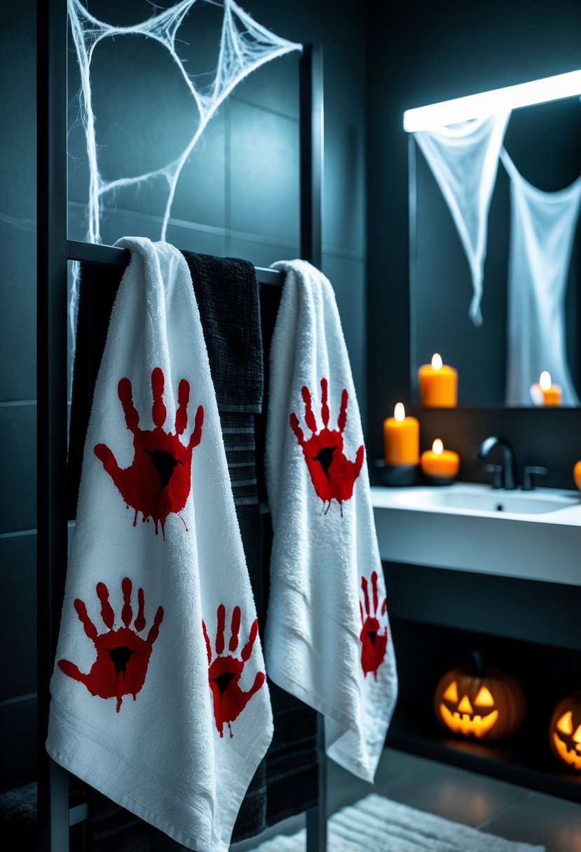 22 Halloween Bathroom Decor Ideas for a Spooky Seasonal Makeover 4 A bathroom with towels displaying bloody handprints hanging on a towel rack, surrounded by subtle Halloween decorations like cobwebs and small pumpkins.
