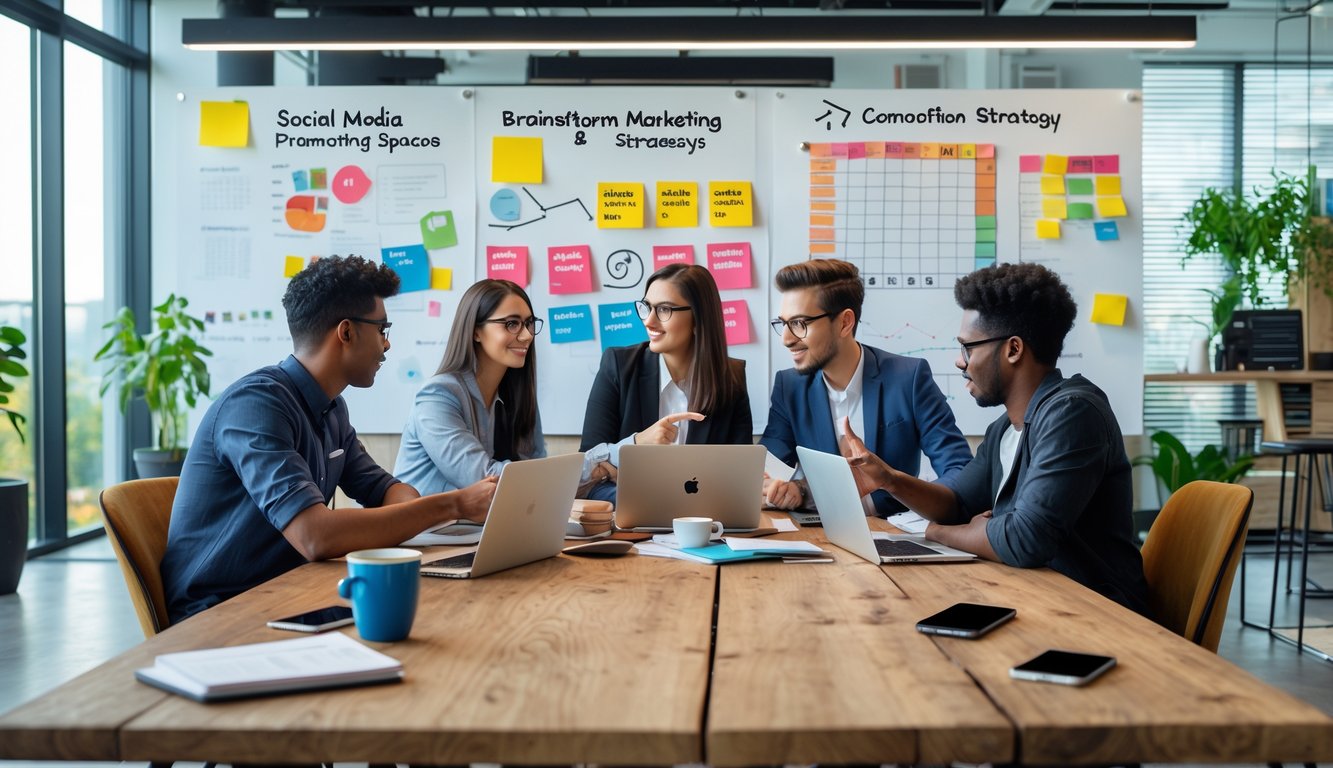 People working together around a table in a bright coworking space with laptops and notes, discussing social media marketing strategies.