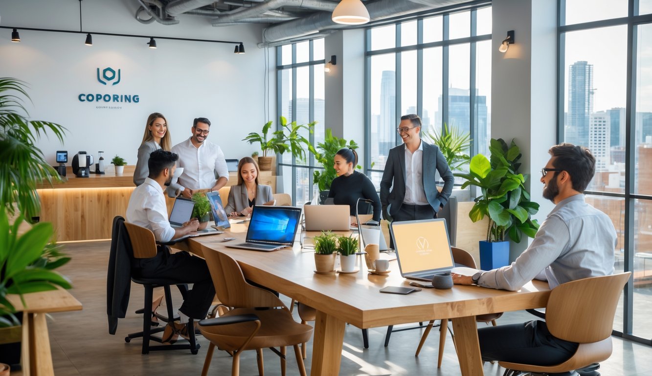 A modern coworking space with diverse professionals working and collaborating around tables with laptops and notebooks.