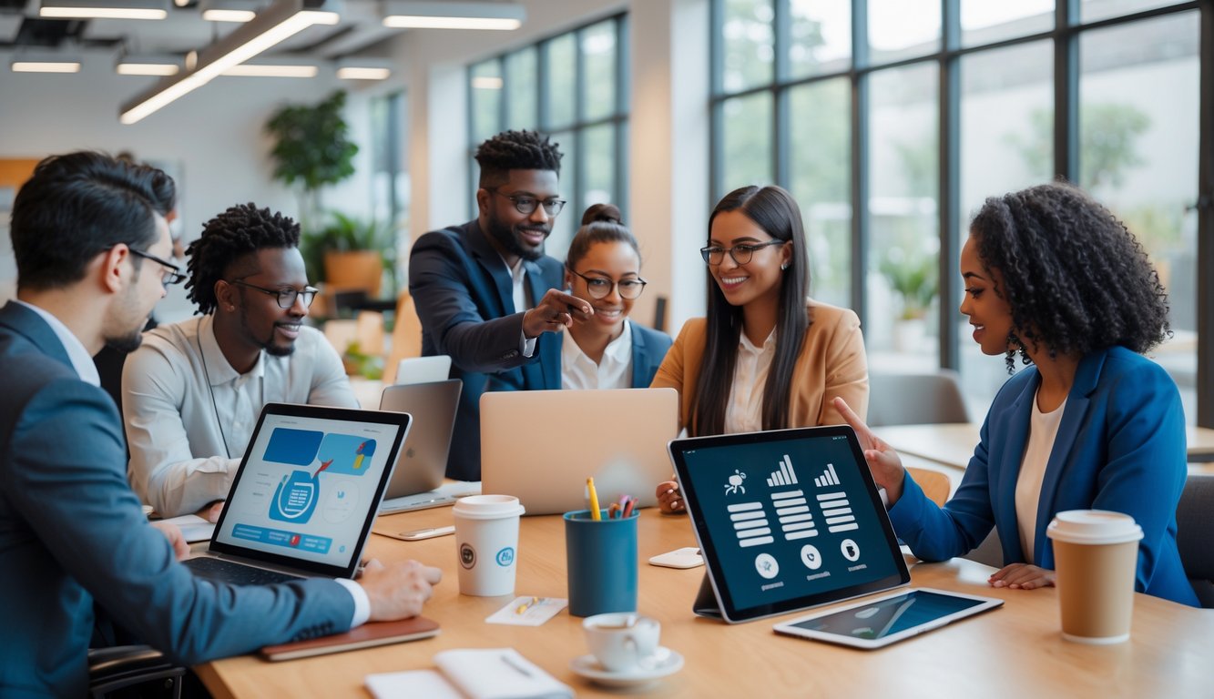A group of young professionals collaborating in a modern coworking space, working on laptops and tablets with natural light coming through large windows.