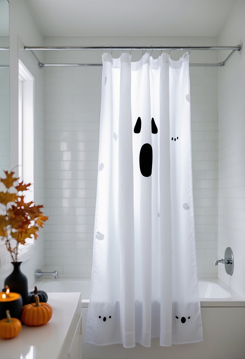 22 Halloween Bathroom Decor Ideas for a Spooky Seasonal Makeover 5 A bathroom with a ghost-shaped shower curtain and Halloween decorations including mini pumpkins and candles on the countertop.