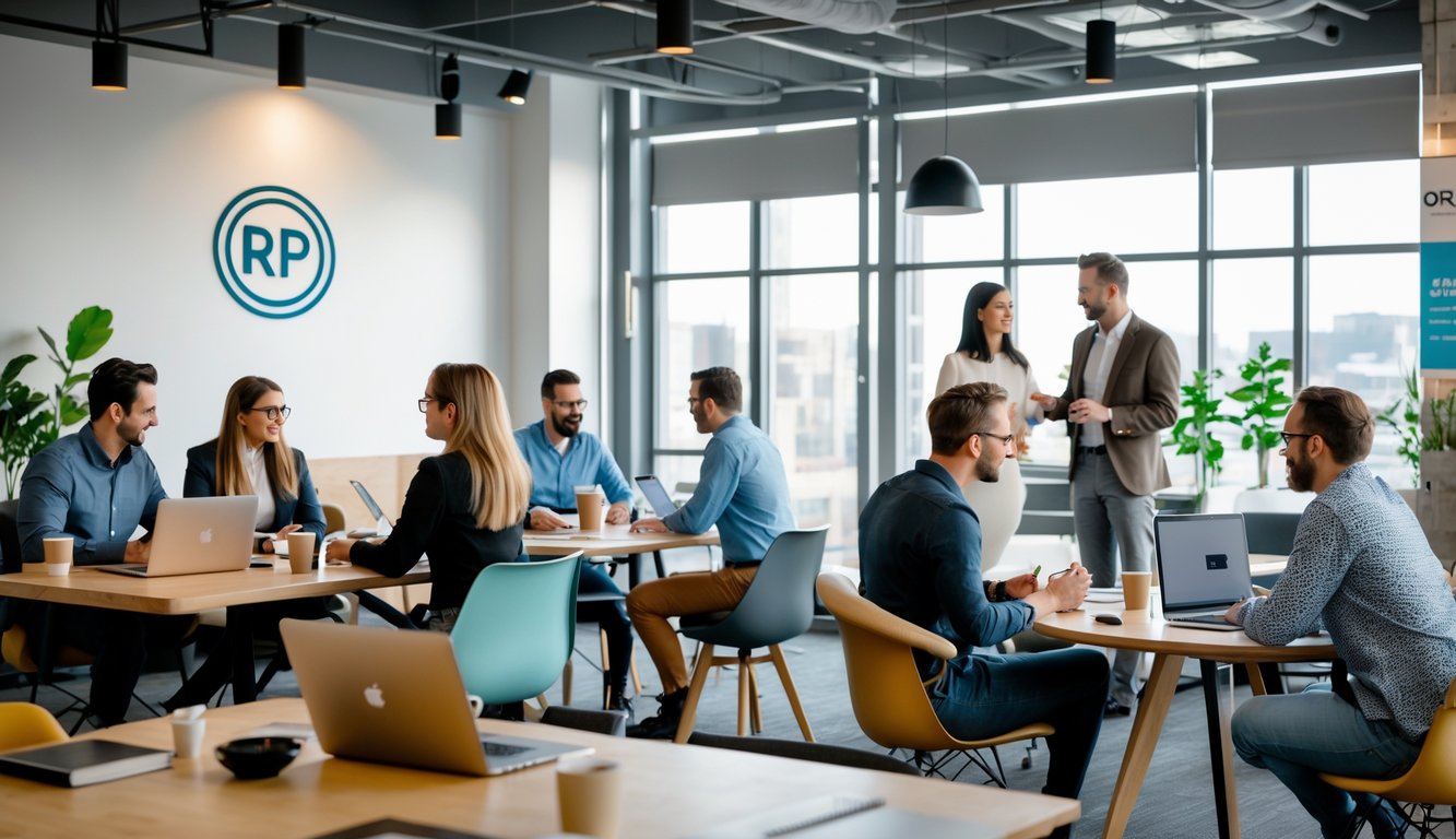 A modern coworking space with people working and collaborating at desks in a bright, open room.